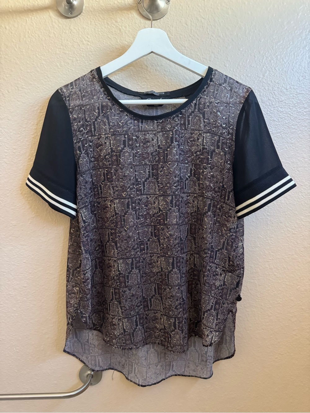 Scotch & Soda Black Sheer Patterned Short-Sleeve Top